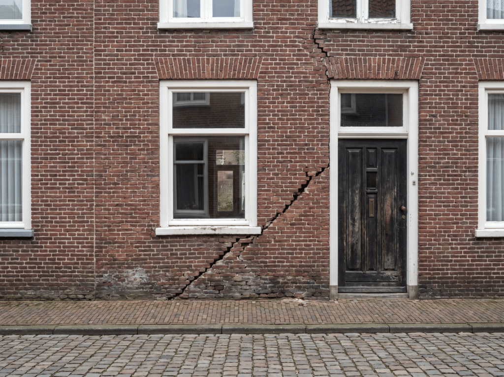 Zichtbare funderingsscheur in de gevel van een Nederlandse rijtjeswoning in Groningen